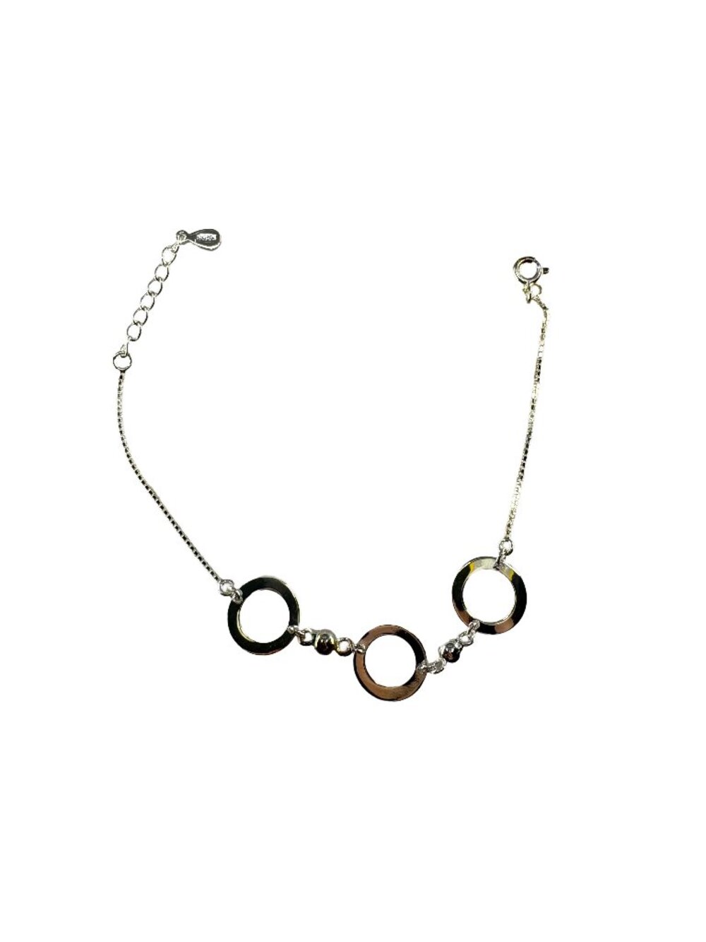 925 Sterling Silver Bracelet 3 Open Ring 12mm Box Chain Adjustable 160mm 2.3g